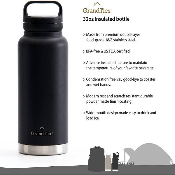 32 oz. Midnight Black Travel Water Bottle - Wide Mouth Vacuum Insulated Water Bottle with 2-Style Lids