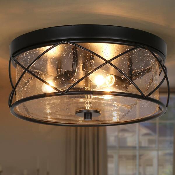 13 in. 3-Light Black Modern Farmhouse Foyer Flush Mount Ceiling Light with Clear Seeded Glass Shade and Cage Frame
