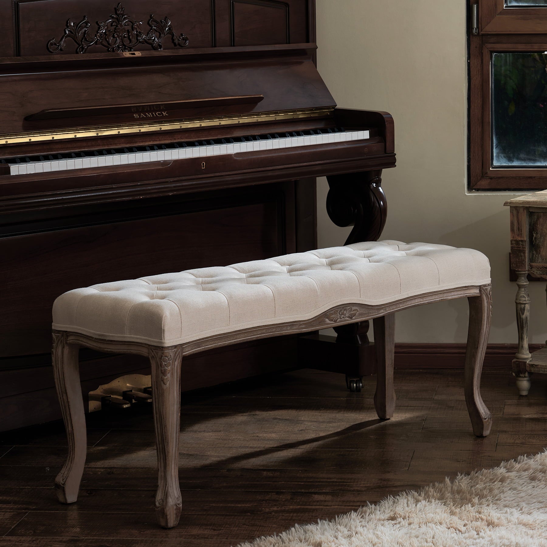 Upholstered Entryway Bench Piano Shoe Ottoman Bench with Fabric Cushion Cover