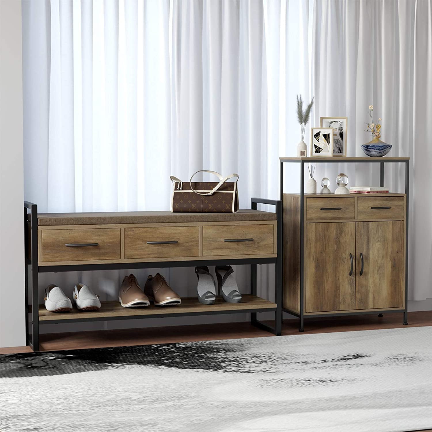 Homfa Entryway Shoe Bench, 2-tier Wood Entryway Shoes Rack with Padded Seat, 5-7 Pair of Shoes, Rustic Brown