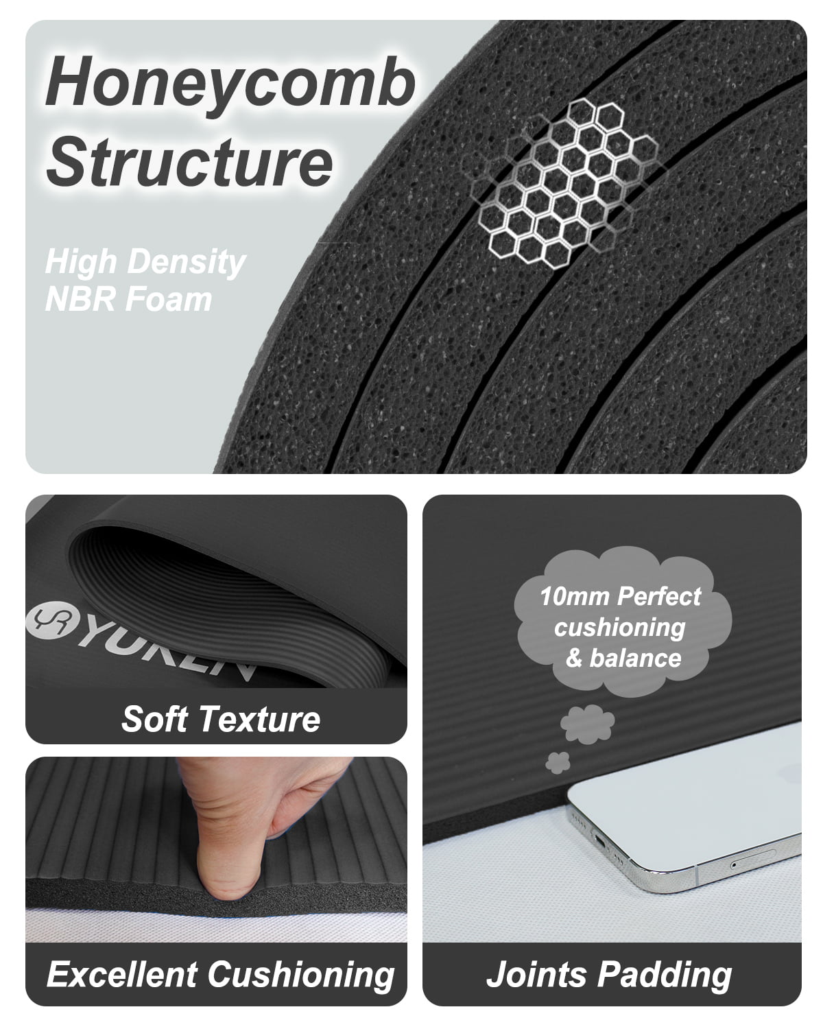 YR Large Exercise Mat 6' x 4' 10mm Thick NBR Stretching Yoga Pilates Workout for Home Gym Black