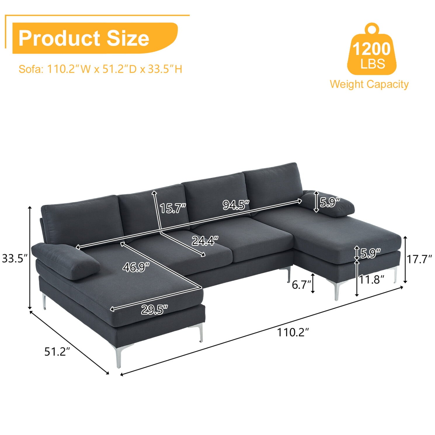 Convertible Sectional Sofa Couch, U Shaped Modular Sectional Sofa with Back and Armrest, 4-Seat Sectional Sofas for Living Room, Bedroom, Office, Small Space, Grey