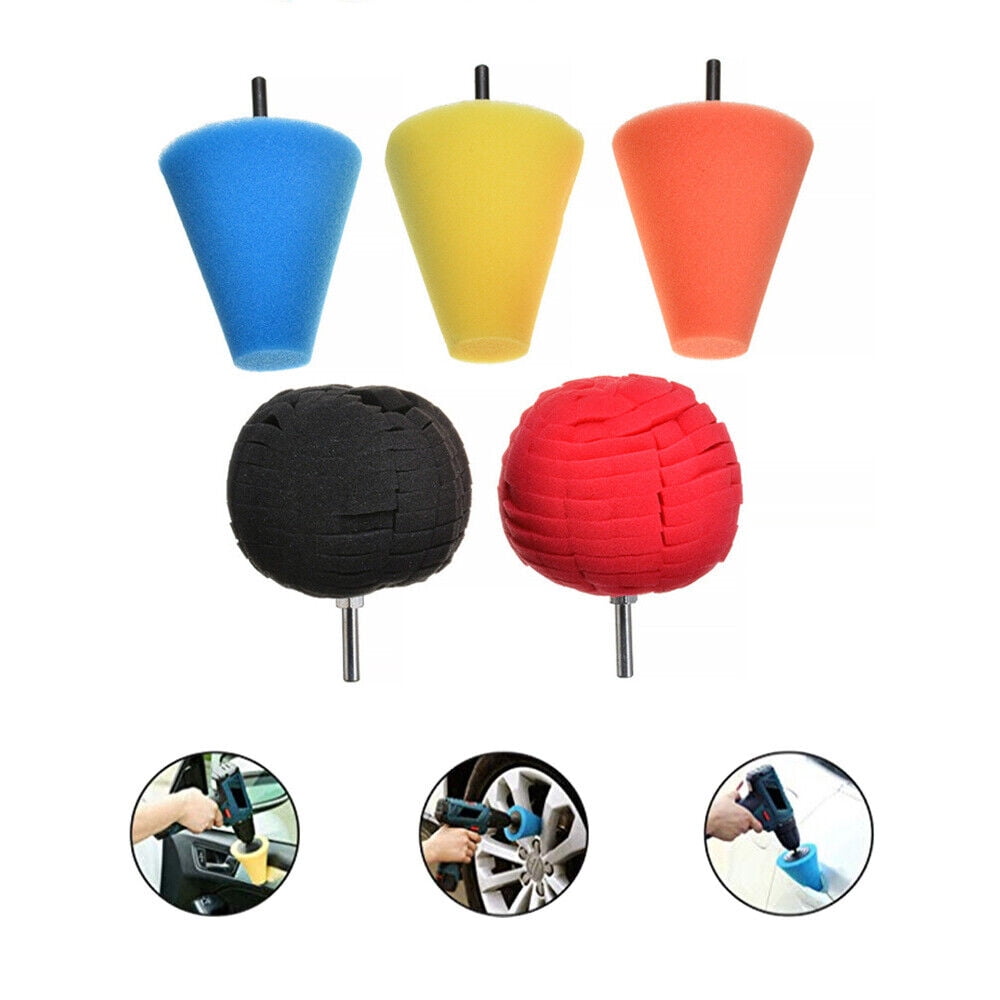 KingFurt 5Pcs Foam Drill Polishing Cone Ball Pads Kit Car Hub Waxing Buffing Wheel Polisher Conical Sponge