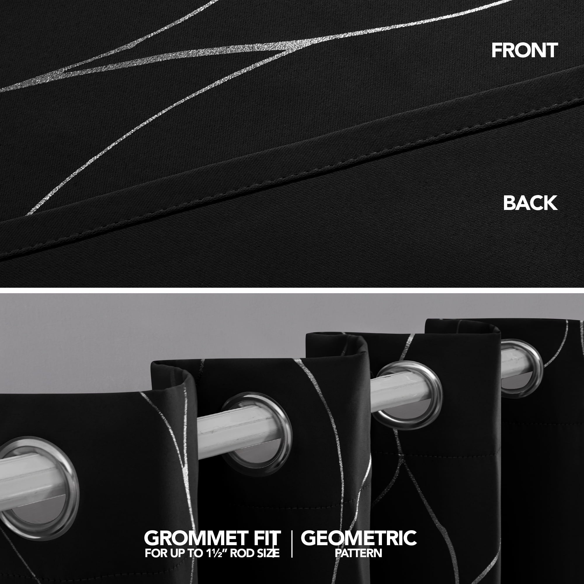 Deconovo Silver Wave Foil Print Blackout Curtains Grommet Light Blocking Room Darkening Curtain Noise Reducing Window Draperies for Living Room 52W x 84L inch Set of 2 Panels Black