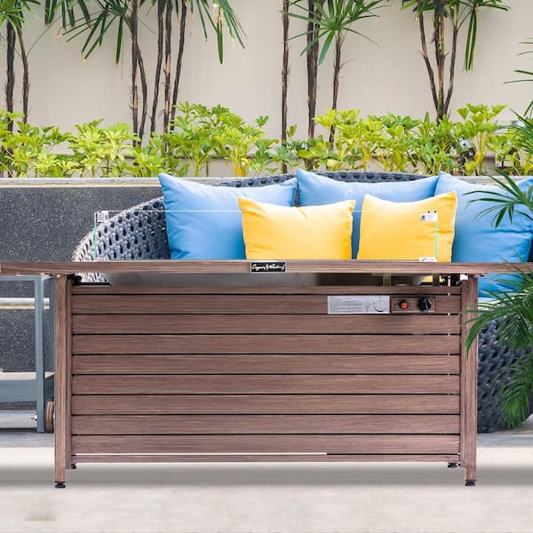 57 in. Aluminum Rectangular Fire Table with Glass Wind Guard, Nature Wood Coating