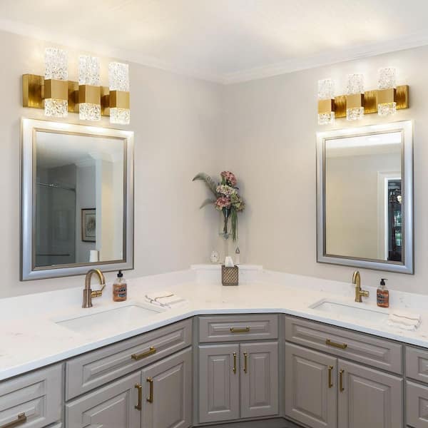 21.3 in. 3-Light Brushed Gold LED Bathroom Vanity Light with Crystal Shade