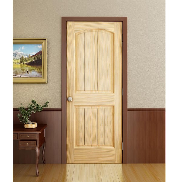 36 in. x 80 in. Unfinished 2 Panel Arch Top V-Groove Solid Core Pine Interior Door Slab