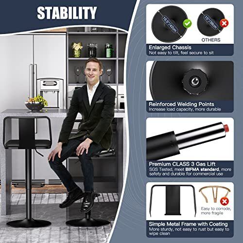 Metal Swivel Barstools Set of 2, Enlarged PU Leather Seat with Matte Black