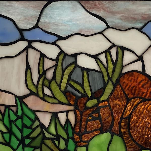 Mountainscape Moose Brown, Blue and Green Stained Glass Window Panel