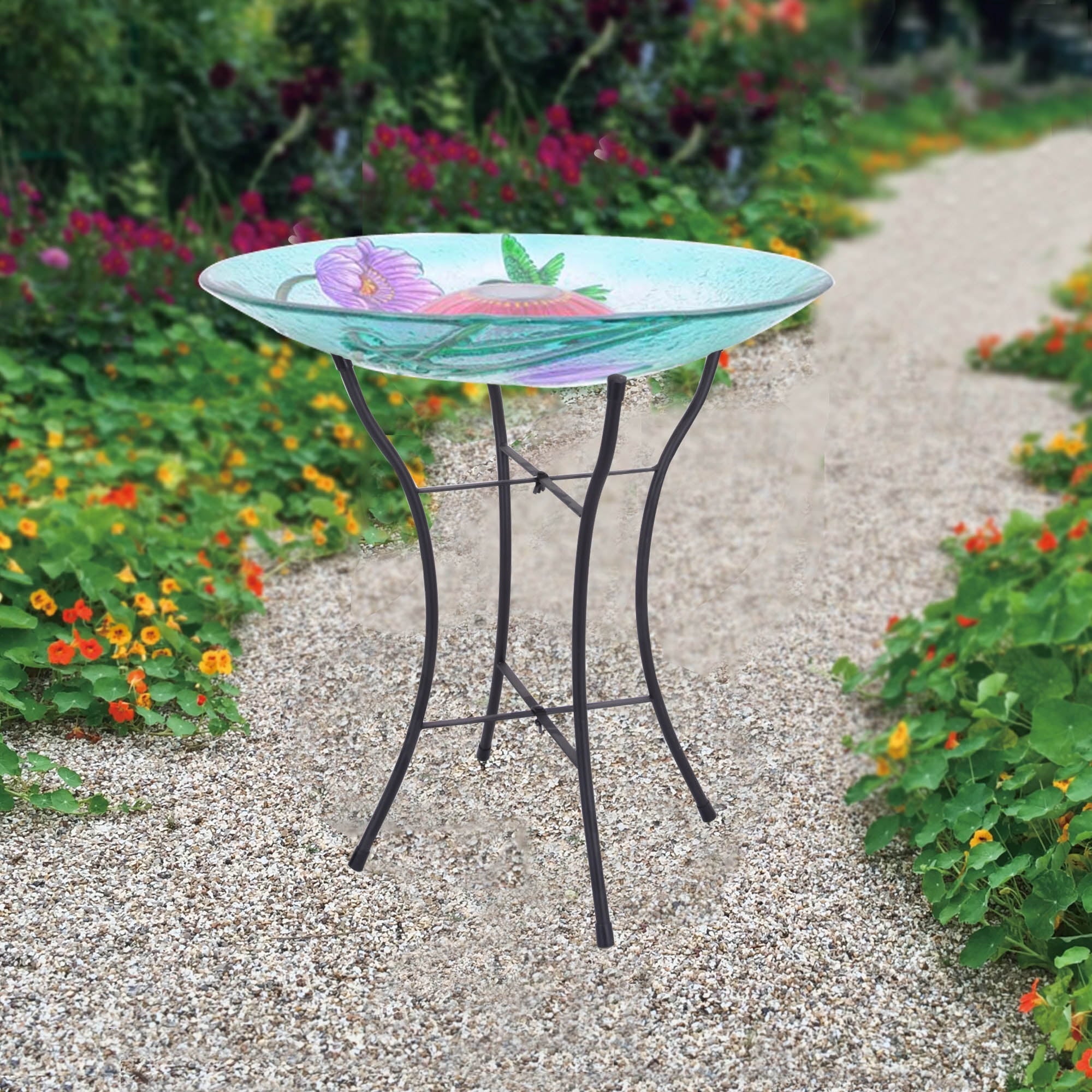 Teamson Home 18 x 18 x 21.2 Outdoor Solar Glass Hummingbird Birdbath with LED Lights and Stand, Multicolor