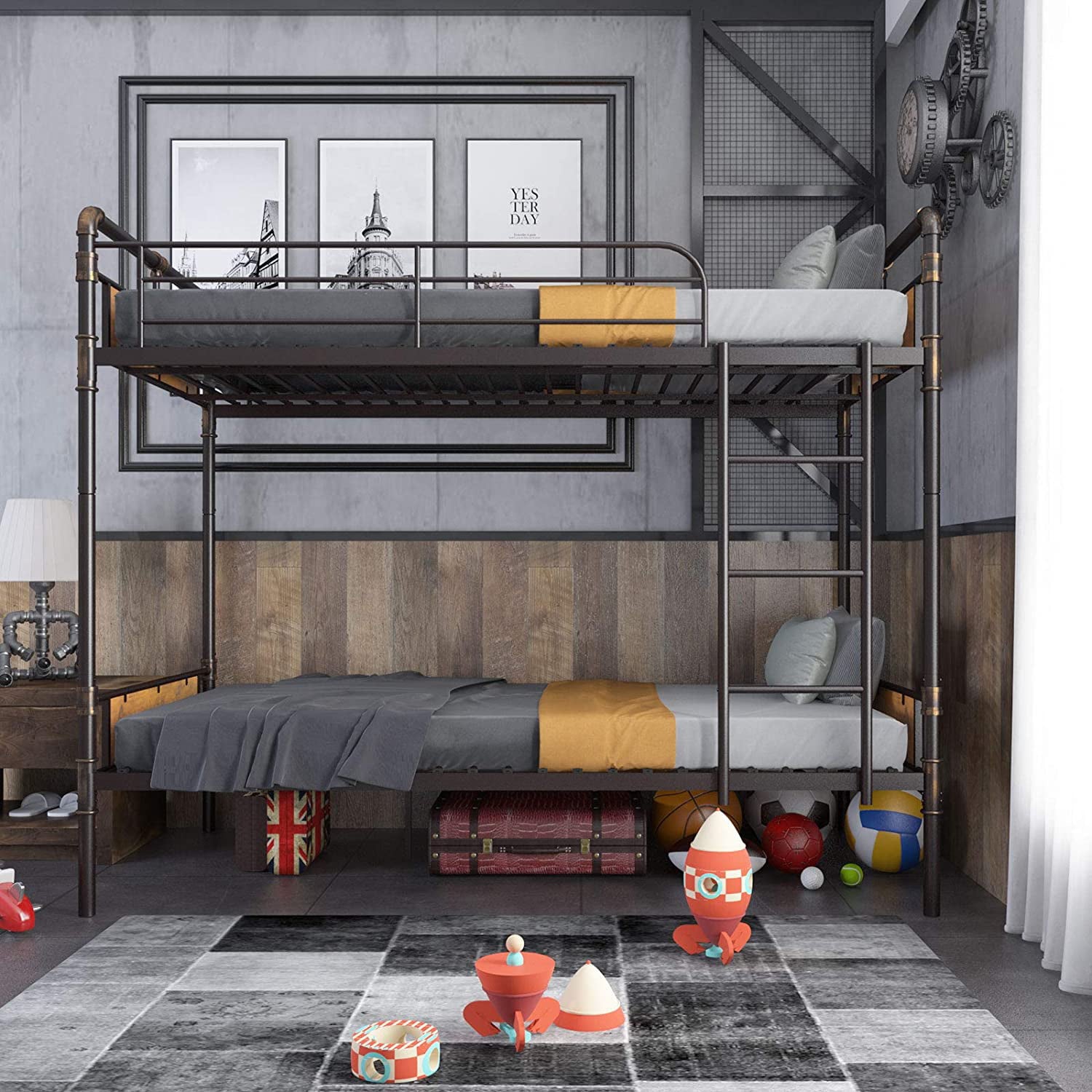 Alohappy Twin Over Twin Bunk Bed, Convertible Twin Bunk Beds Into 2 Individual Bed, Removable Ladder & Safety Guard Rail for Kids, Modern Industrial Style, Easy Assembly, No Box Spring Needed (Brown)