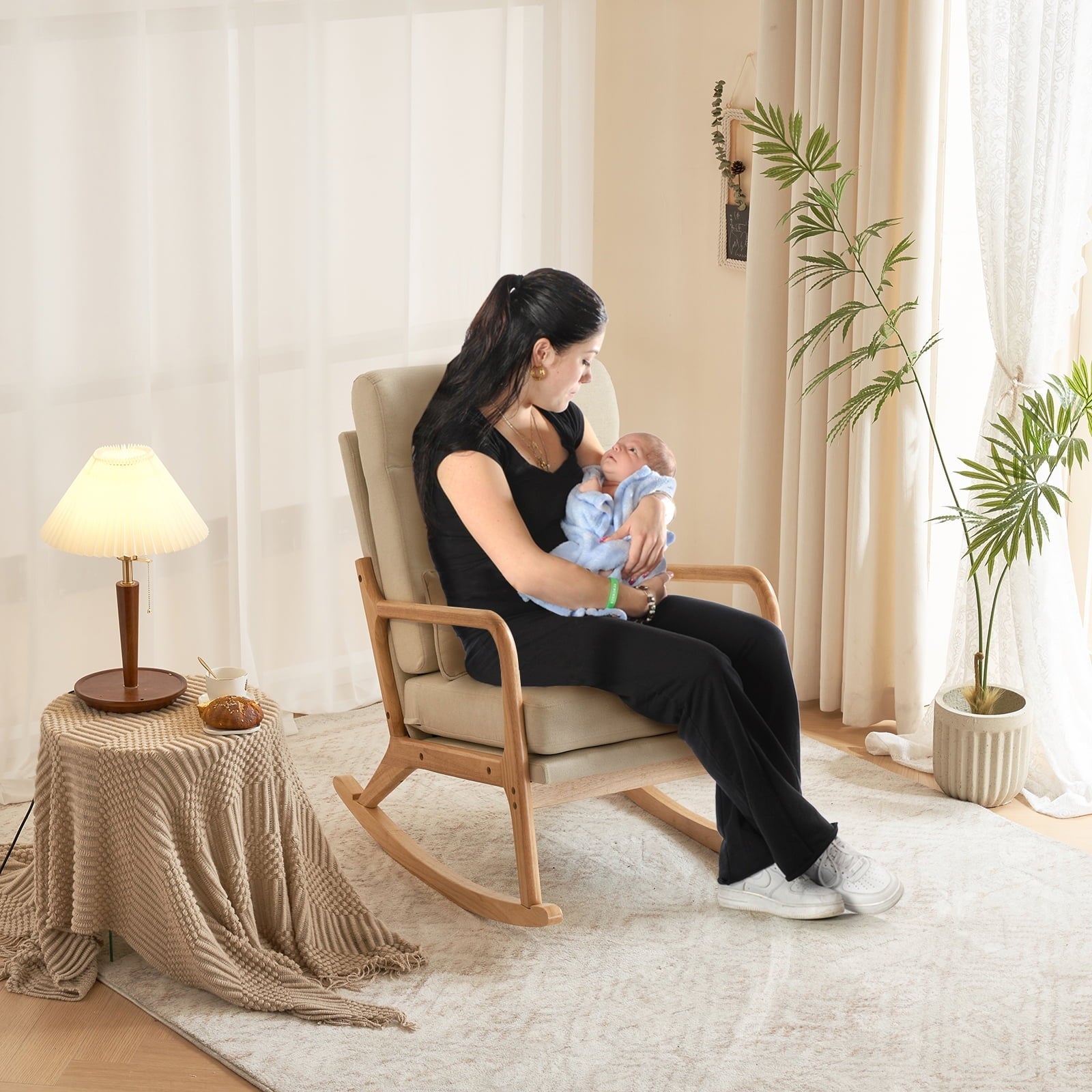 Ktaxon Mid Century Rocking Nursery Chair Solid Wood Frame Accent Chair, Line fabric Upholstered Glider Rocker Modern Padded Armchair with Lumbar Pillow Beige