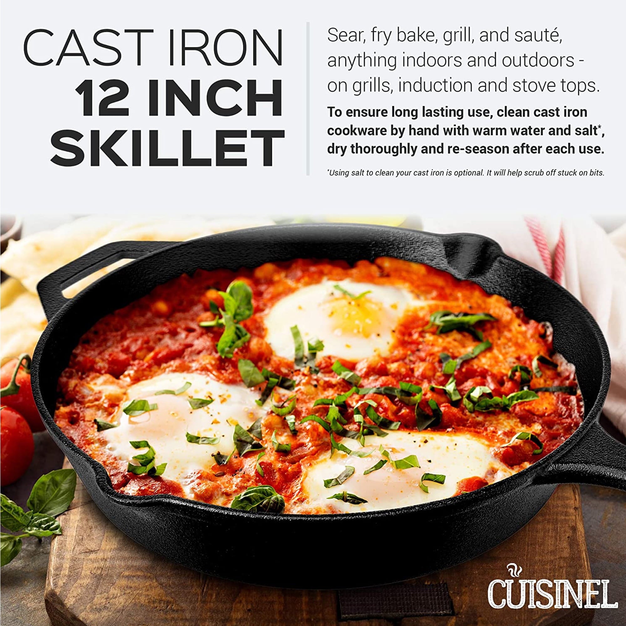 Pre-Seasoned Cast Iron Skillet (12-Inch) with Glass Lid and Handle Cover Oven Safe Cookware