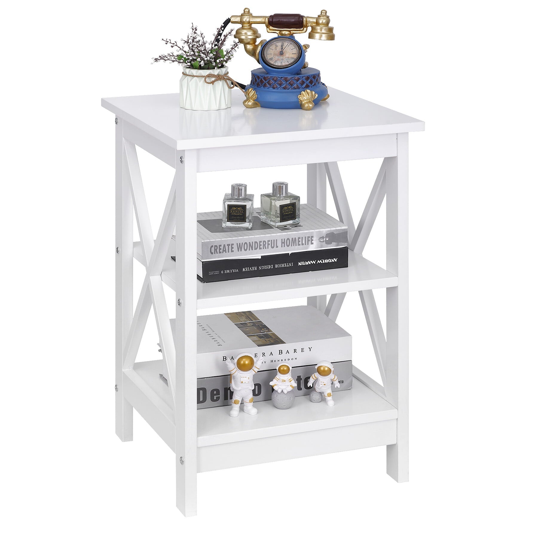 HomGarden 3-Tier Square End Table, MDF Sofa Side Table Storage Shelf, White