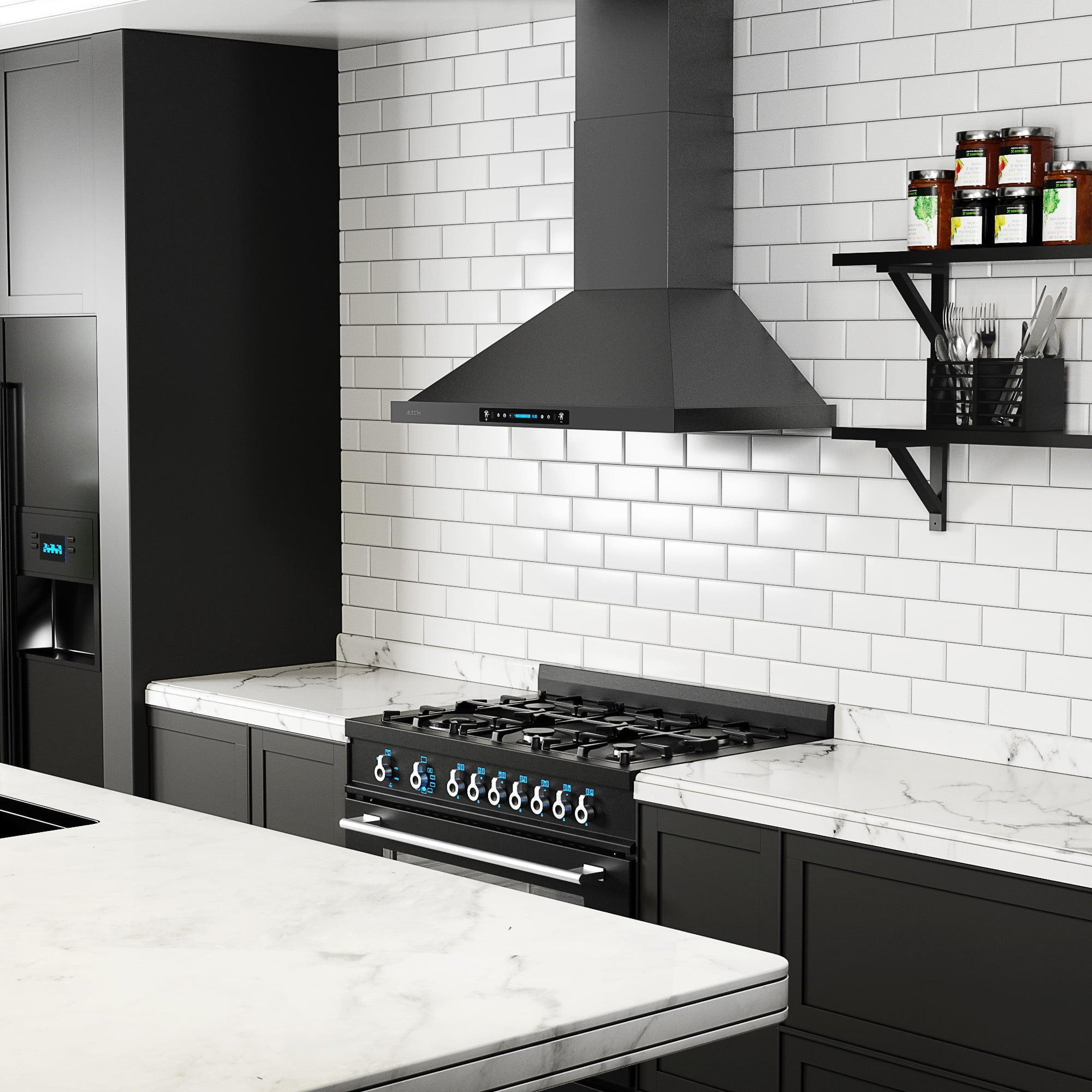 IKTCH 30 inch Black Wall Mount Range Hood, 900 CFM Ducted/Ductless Stainless Steel Vent Hood with Gesture Sensing & Touch Control Switch Panel, 2 Pcs Adjustable Lights(IKP02-30-BSS)