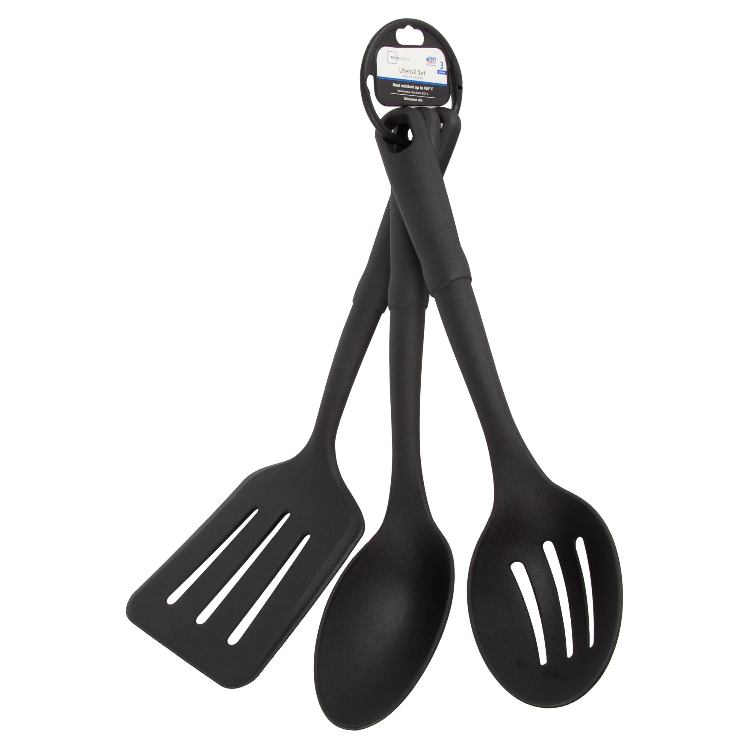 Mainstays 3-Piece Kitchen Utensil Set, Slotted Spatula, Slotted Spoon and Solid Spoon, Black, Nylon