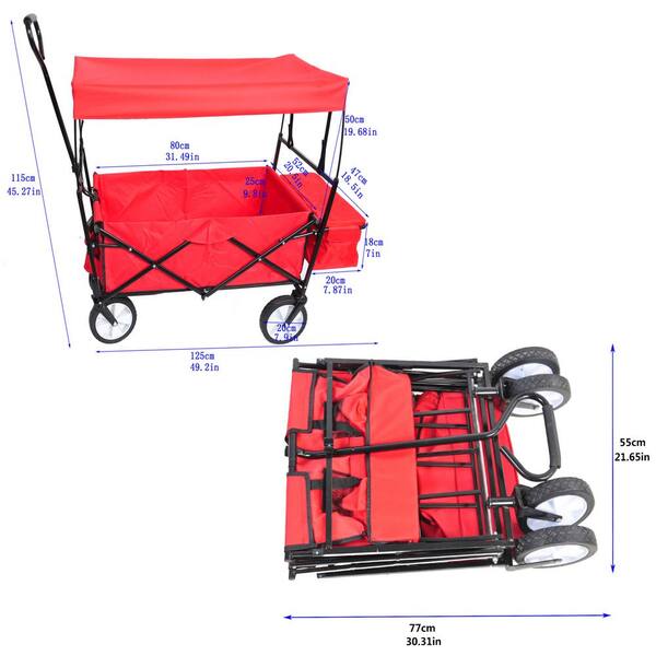 2.5 cu. ft. Red Steel Garden Cart with Detachable Roof, Heavy-Duty Folding Wagon Garden Shopping Beach Cart