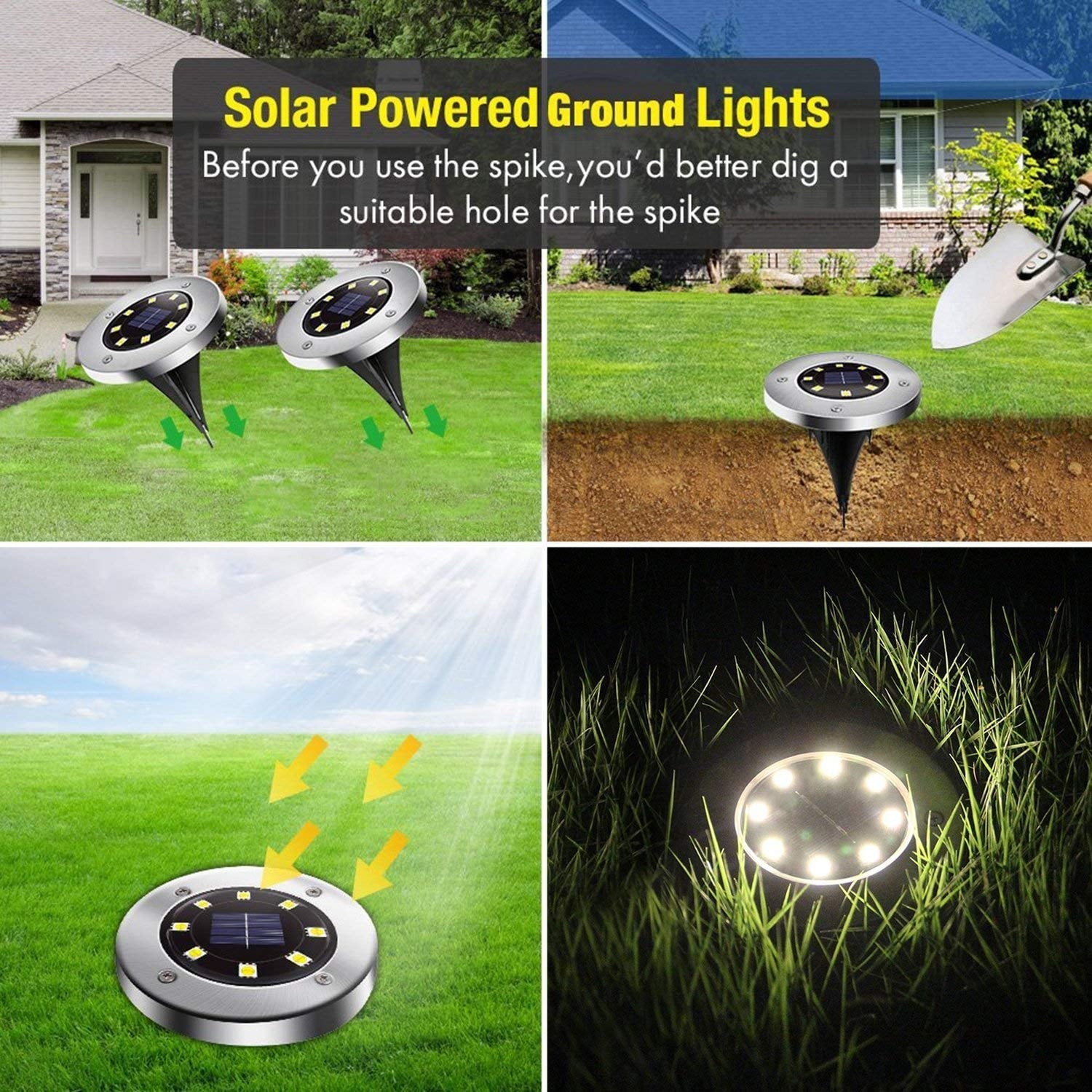 RNKR Solar Ground Lights - 8 LED Solar Garden Lights Outdoor，Disk Lights Waterproof In-Ground Outdoor Landscape Lighting - Warm White