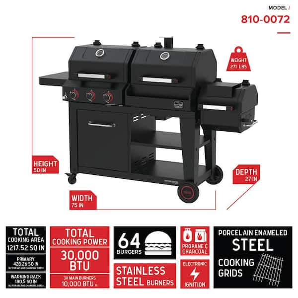 Oakford 1150 3-Burner Plus Offset Smoker Charcoal and Propane Combo Grill in Black