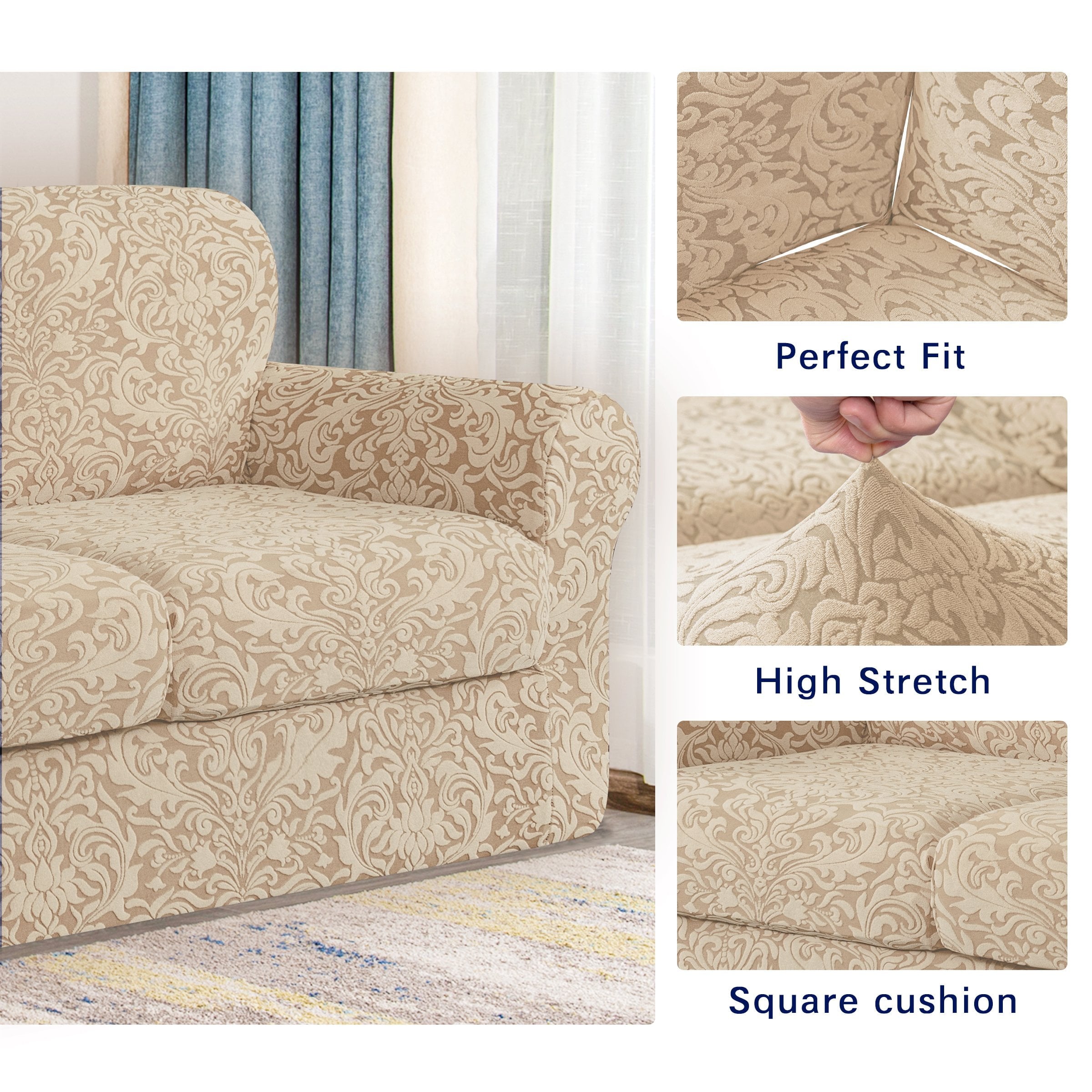 Subrtex Sofa Cover Stretch Jacquard Damask Sofa Cover with 2 Separate Seat Cushion Cover(Loveseat, Linen)