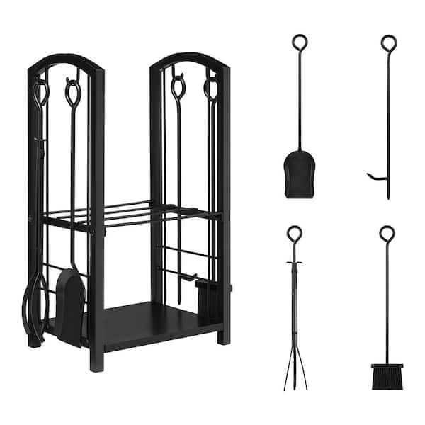16 in. Black Metal Firewood Rack with Tool Set