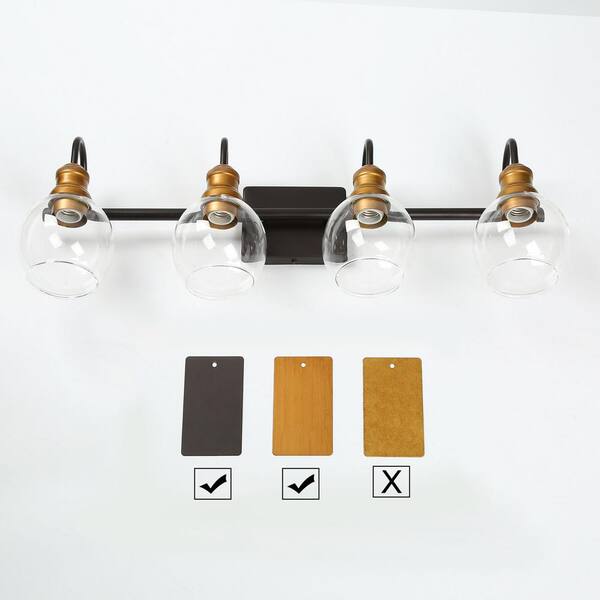 Modern Black Wall Light 29.5 in. 4-Light Bronze and Antique Gold Bathroom Brass Vanity Light with Globe Glass Shades