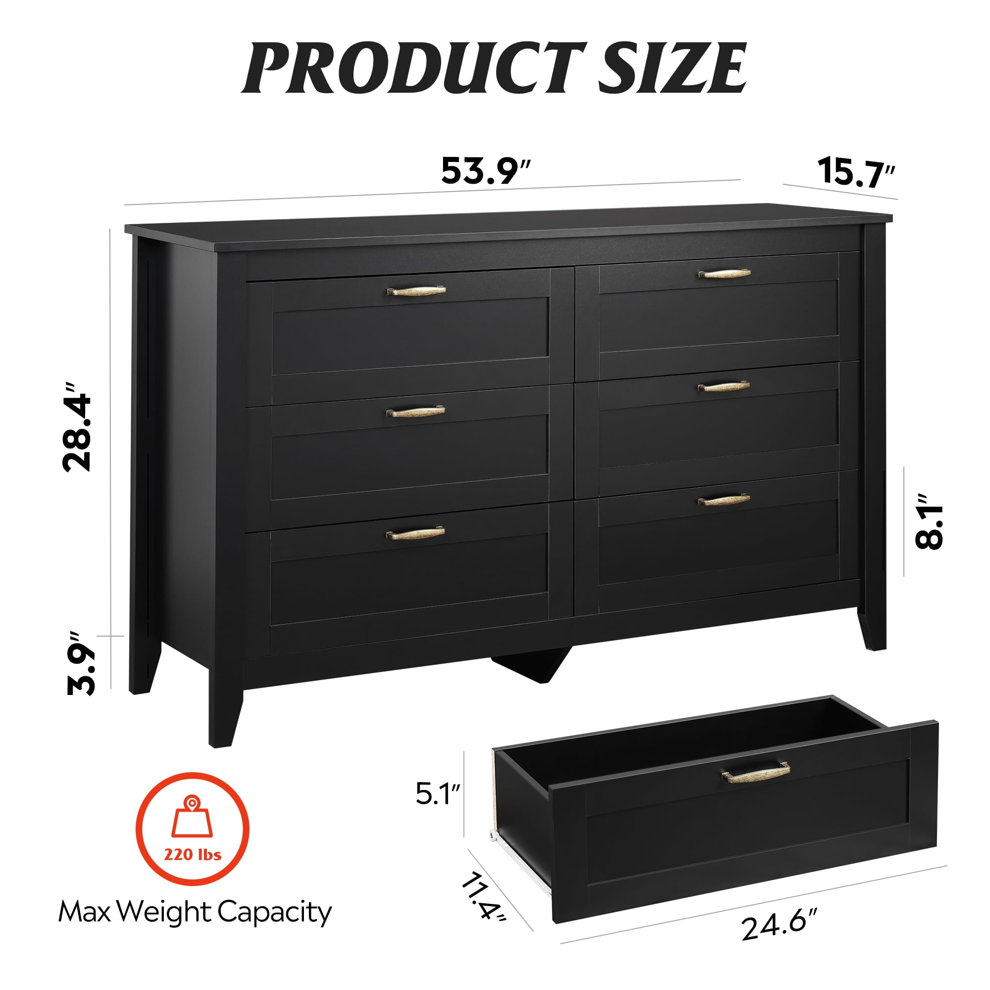 WLIVE Black Dresser for Bedroom, Double Dresser with Chest of 6 Drawers for Living Room & Nursery Toddlers Room, Retro Chest of Drawers with Metal Handle, Double Wood Dresser, Large Storage Cabinet