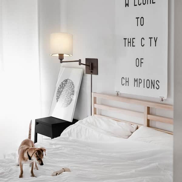Anderson Dark Bronze Plug-In Swing Arm Wall Lamp with Beige Fabric Shade, LED Bulb Included