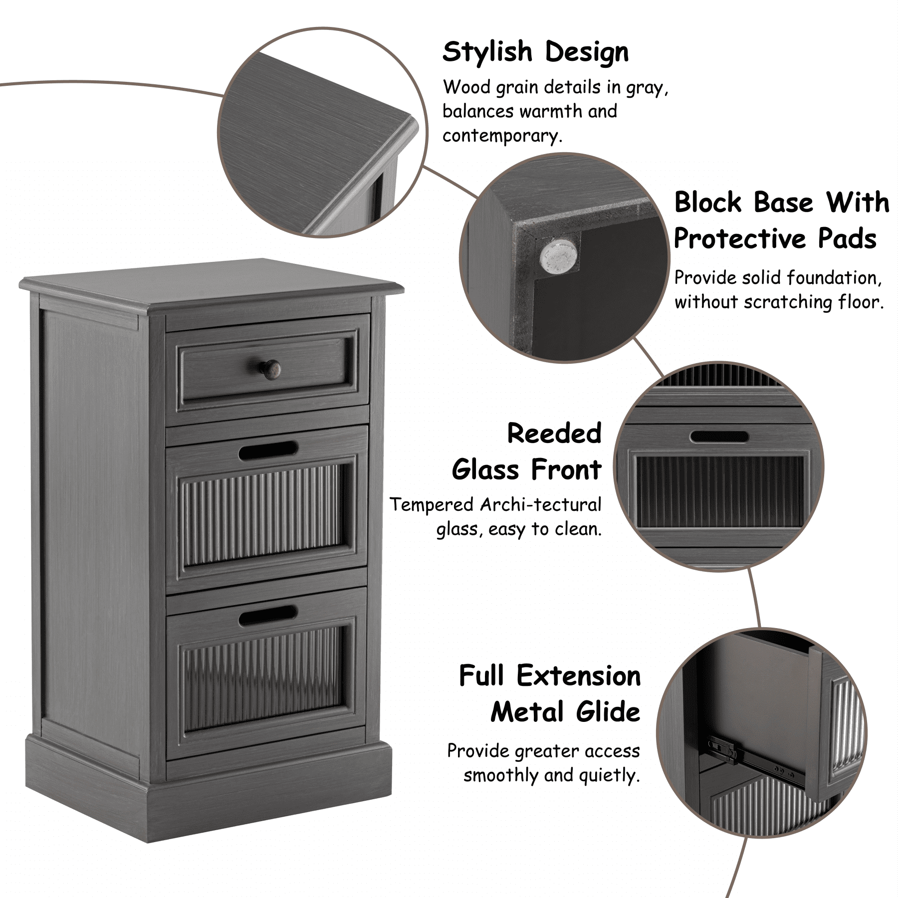 COZAYH Mid Century Modern Nightstand, Fully Assembled Nightstand with 3 Reeded Glass Front Drawers, Distressed Gray Nightstand with Antique Brass Knob and Metal Glide, 27.5” Tall