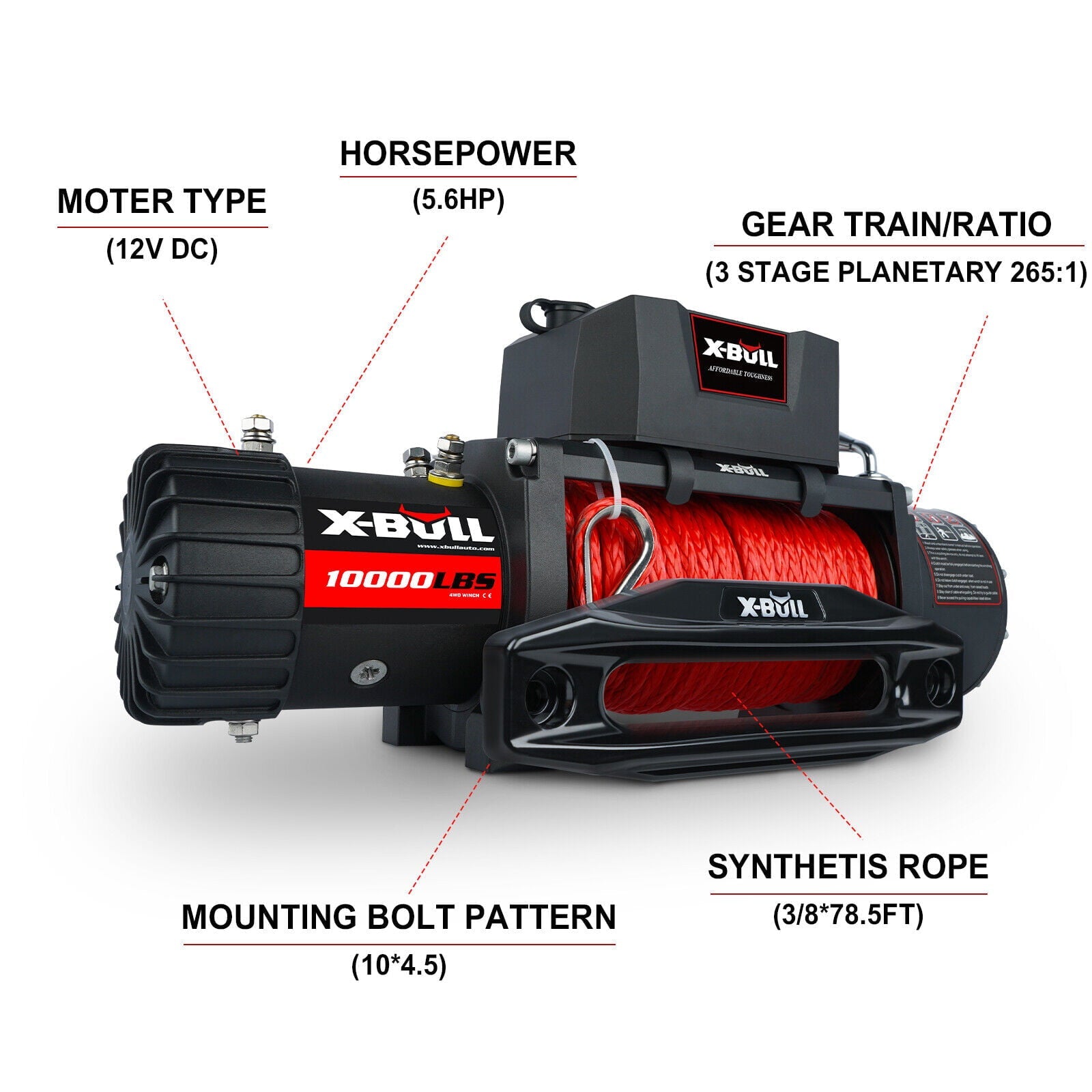 X-BULL 10000lb Winch Load Capacity Electric Winch Kit 12V Synthetic Rope Waterproof Electric Winch with Hawse Fairlead with Wireless Handheld Remote and Corded Control Recovery