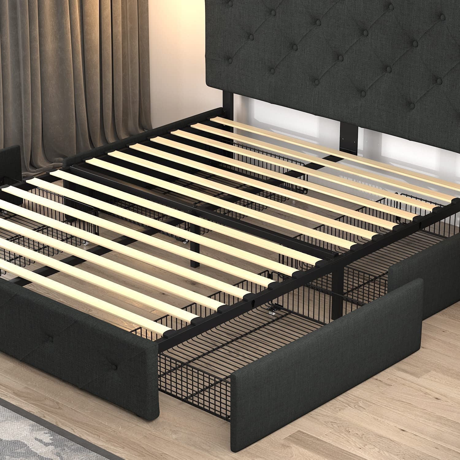 Allewie Queen Platform Bed Frame with 4 Drawers Storage and Headboard, Diamond Stitched Button Tufted Upholstered Mattress Foundation with Wood Slat Support, Dark Grey