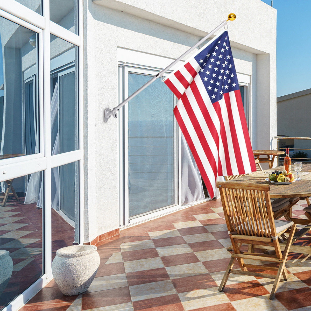 Costway American Flag Kit Wall Mount 5 Ft Spinning pole 3'x5' US Flag Gold Ball Aluminum