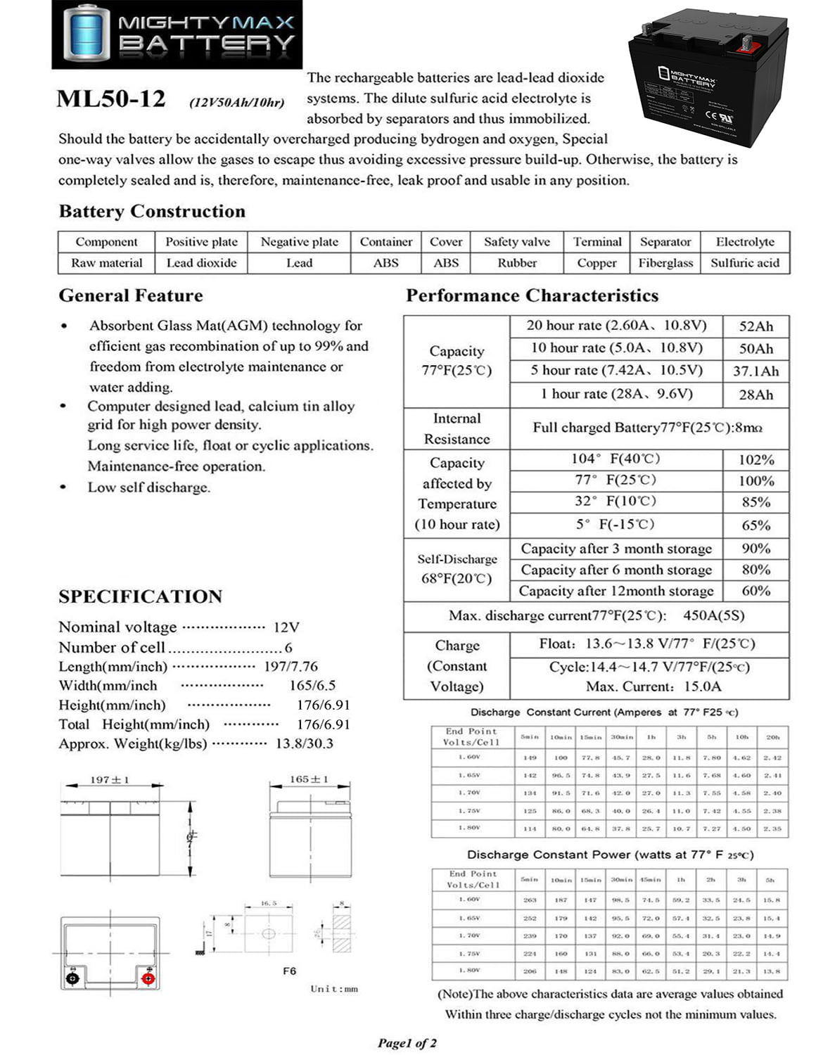 ML50-12 -12 Volt 50 AH, Nut and Bolt (NB) Terminal, Rechargeable SLA AGM Battery