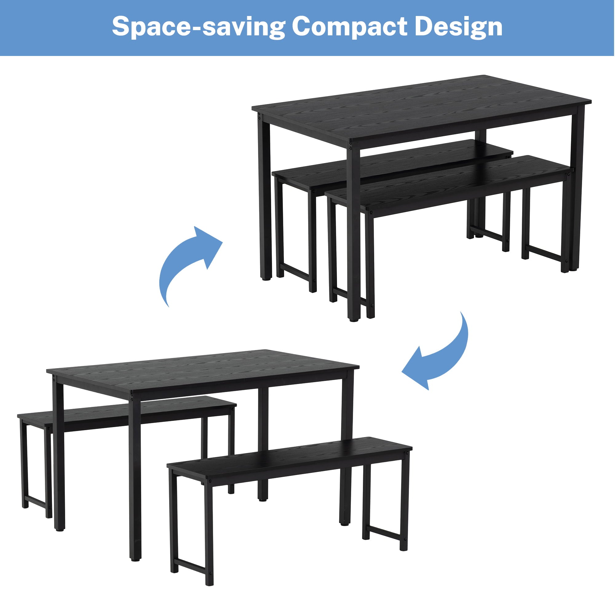 BTMWAY Dining Room Table Set for 4, 3 Piece Wooden Dining Table Set with Metal Frame, Industrial Style Dinette Set with 2 Benches, Dinner Table Set for Kitchen Breakfast Nook, Black
