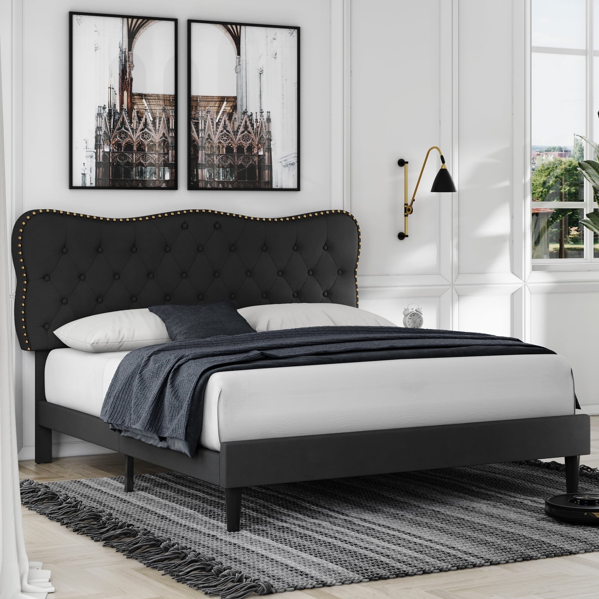 Homfa Queen Size Bed Frame, Linen Upholstered Platform Bed with Button Tufted Adjustable Headboard for Bedroom, Black