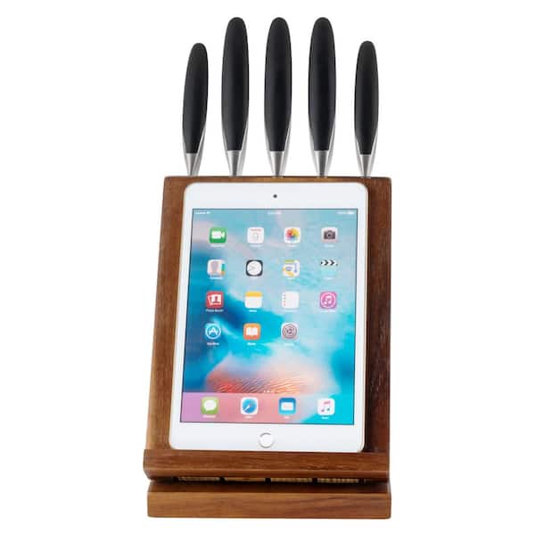 6-Piece Japanese Stainless Steel Knife Block Set with Rotating Knife Block and Tablet Holder