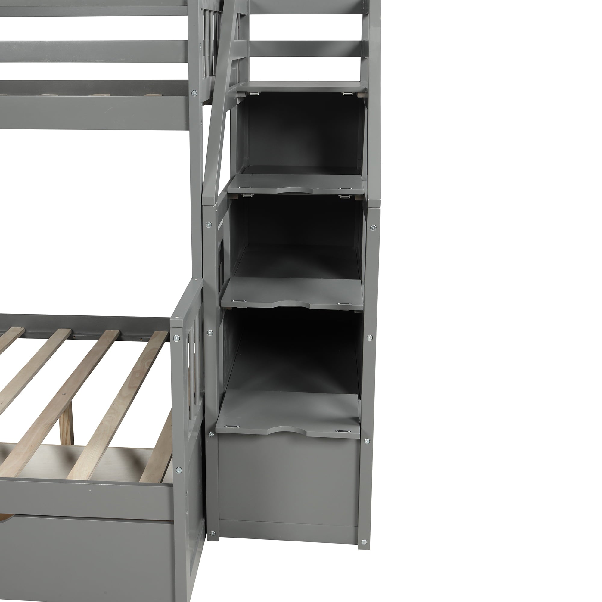 Euroco Wood Twin Over Full Bunk Bed with Drawers and Slide, Gray