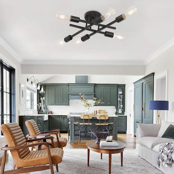 18.9 in. 6-Light Black Sputnik Linear Semi- Flush Mount Ceiling Light Fixture