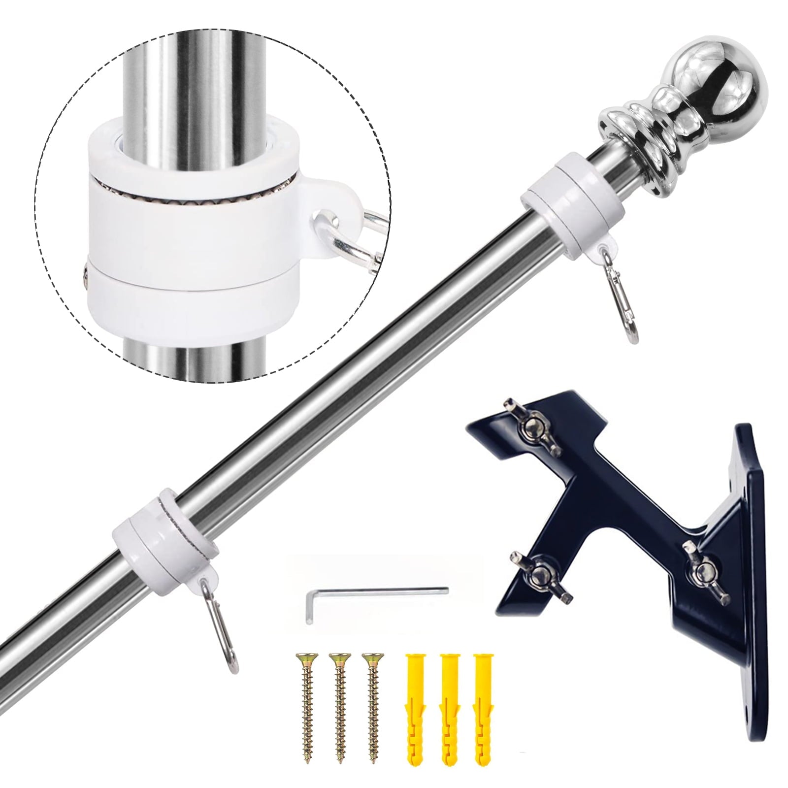 WiseWater 5ft Tangle Free Spinning Flag Pole Kit, Stainless Steel Flagpole with 3x5ft American Flag, Silver