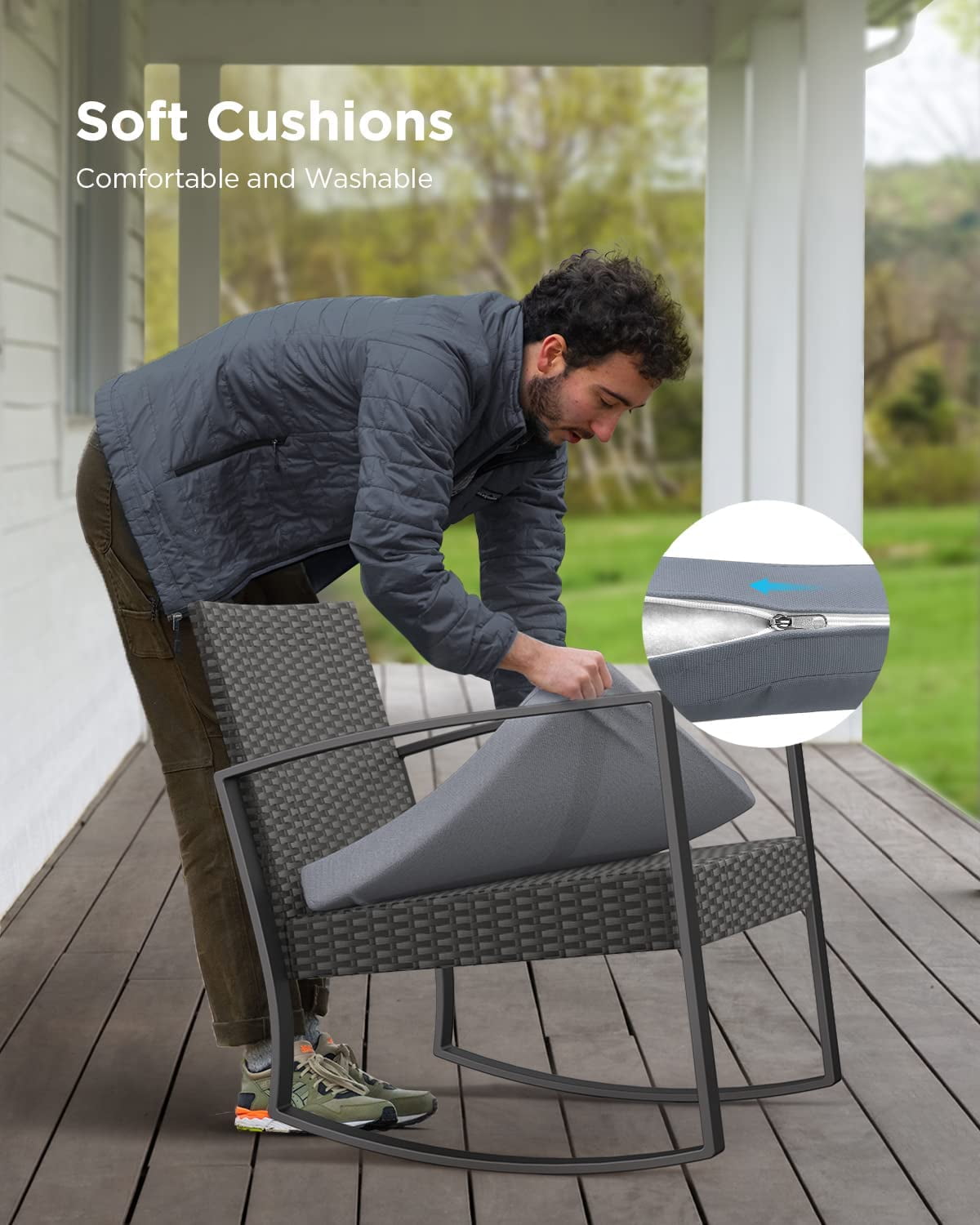 3-Piece Patio Chairs Set, Balcony Furniture Set with PE Rattan Rocking Chairs and a Glass Table, Gray Cushion