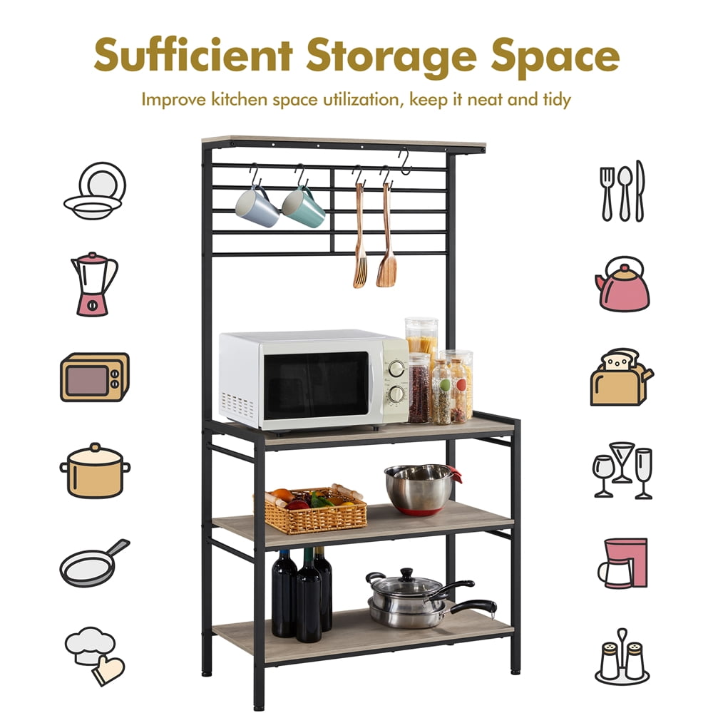 Easyfashion 4-Tier Kitchen Baker's Rack with Hooks, Gray