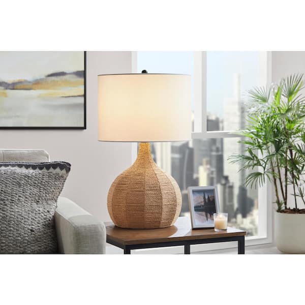 Bridleridge 25 in. Rattan Table Lamp with White Fabric Shade