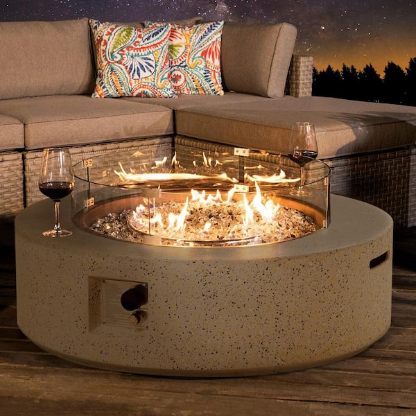41 in. 50000 BTU Elegant White Round Composite GRFC Fire Pit Table with Glass Wind Guard and Water-Resistent Cover