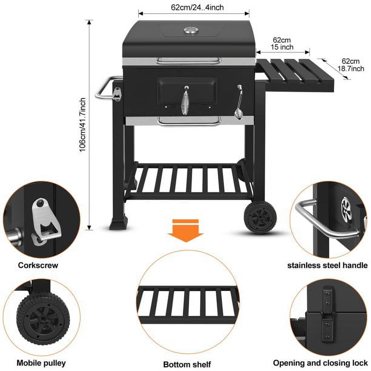 AEDILYS 25 inch Charcoal Grill Outdoor Smoker with Side Tables, for BBQ