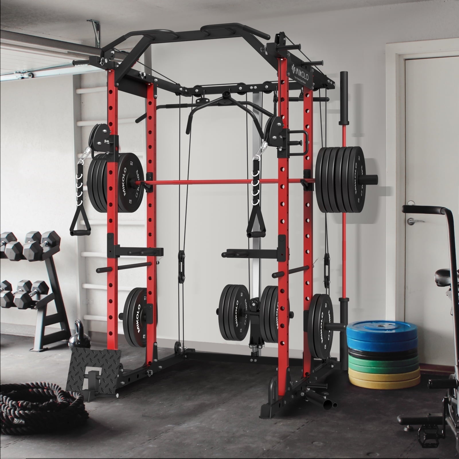 Mikolo Power Rack Cage, 1500 lbs Weight Rack with Cable Crossover Machine,Multi-Function Squat Rack with J Hooks,Dip Bars and Landmine for Home Gym (Red)