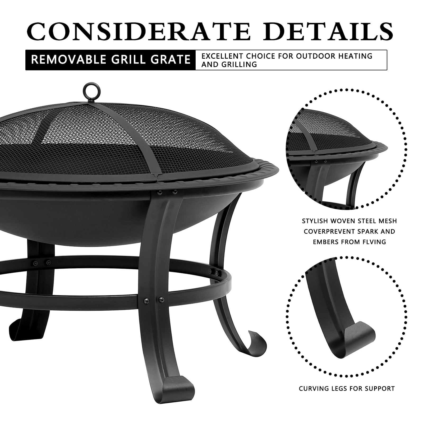 Vebreda 26 inch Fire Pit Wood Burning Metal Fire Pit with Round Mesh Spark Screen Cover