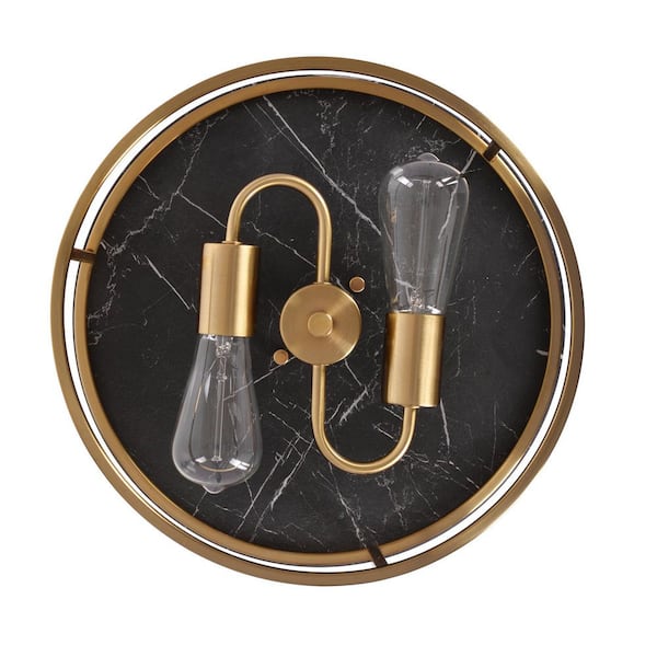 Cogburn 13 in. 2-Light Antique Brass with Black Marbled Base Flush Mount