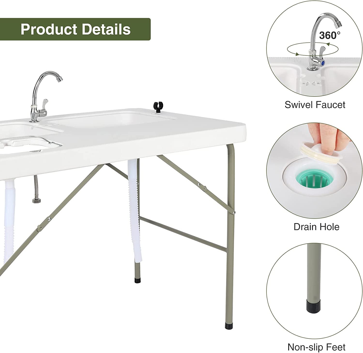 Folding Fish Cleaning Table, Outdoor Camping Sink Station with Sink & Faucet Drainage Hoses, Portable Camping Sink Table for Beach Fishing Patio Picnic