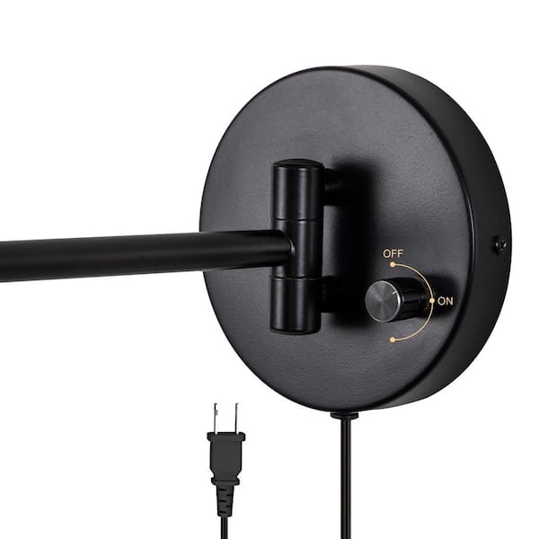 1-Light Black Plug-In Swing Arm Wall Lamp with Linen Shade Set of 2