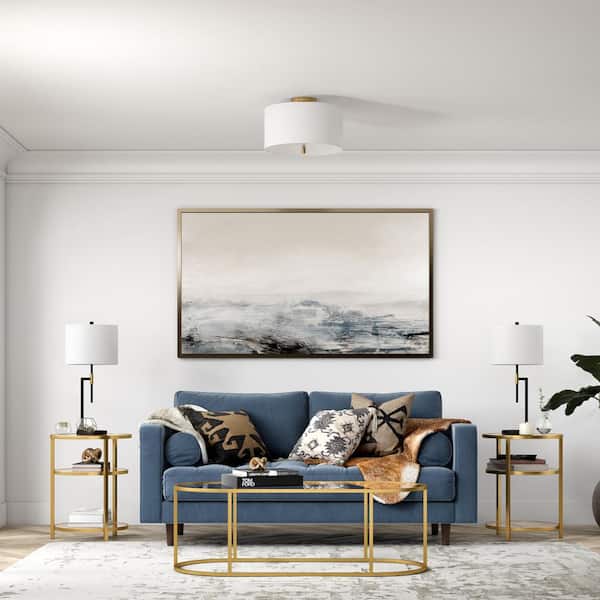 Ellis 16 in. Brass and White Semi Flush Mount with Fabric Shade